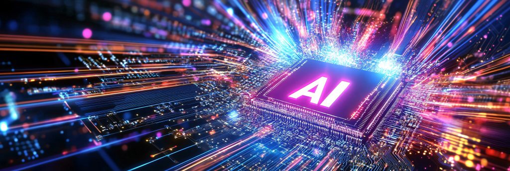 A glowing AI microchip on a circuit board emitting vibrant, multicolored light trails symbolizing artificial intelligence and advanced data processing.