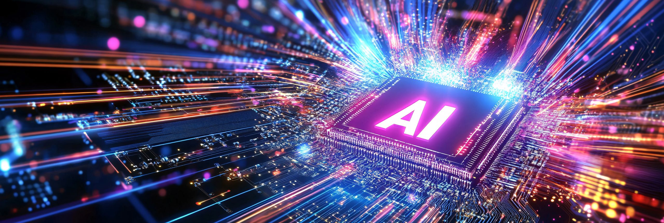 A glowing AI microchip on a circuit board emitting vibrant, multicolored light trails symbolizing artificial intelligence and advanced data processing.