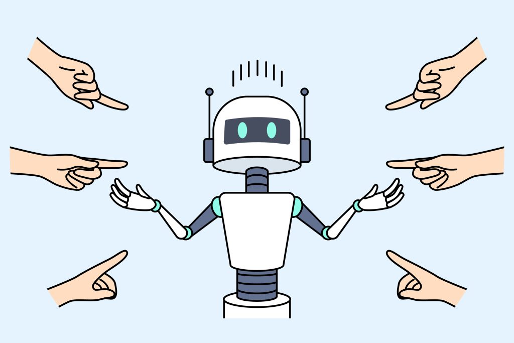 Cartoon robot surrounded by pointing hands, representing misplaced blame on AI when data quality is the real issue.