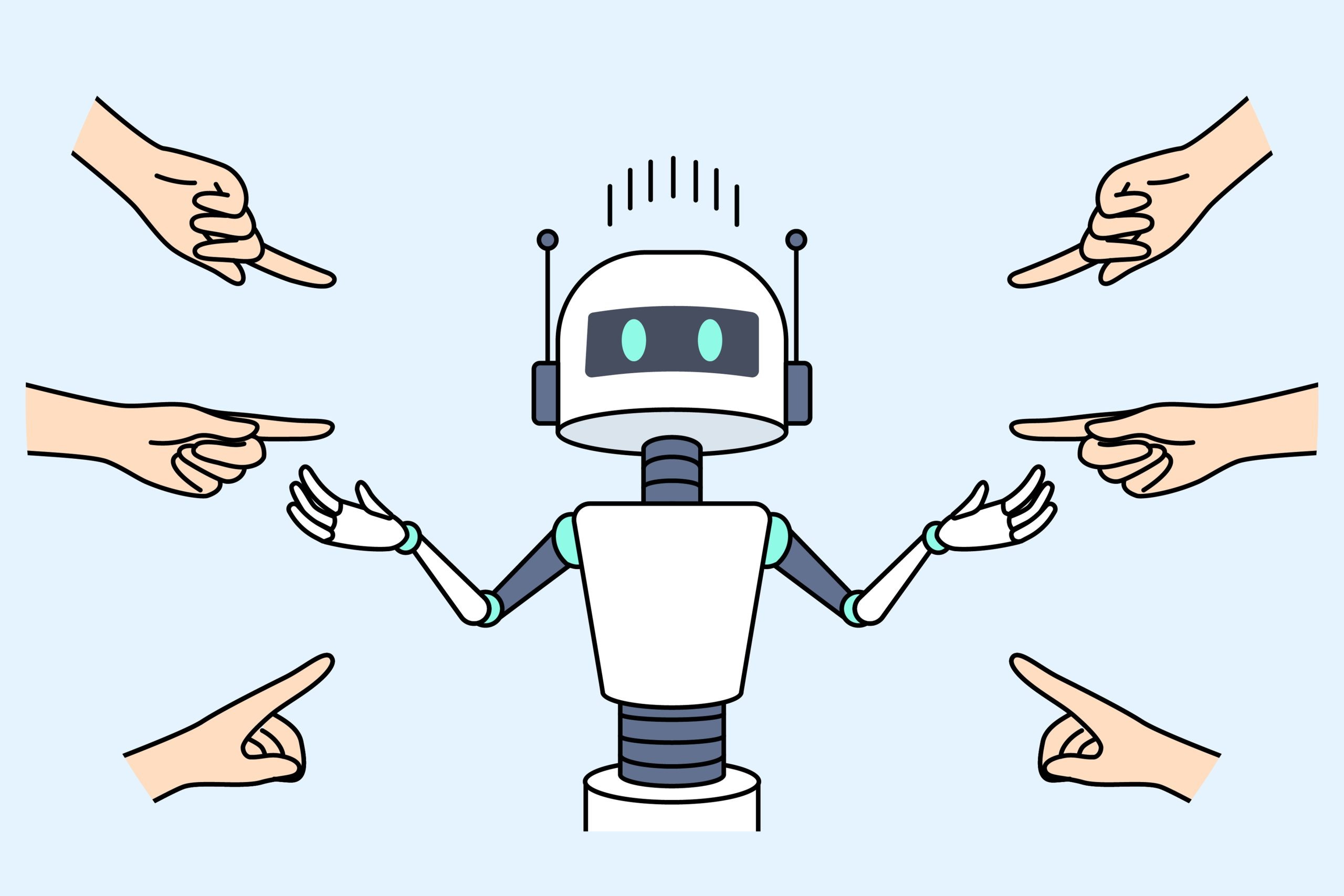 Cartoon robot surrounded by pointing hands, representing misplaced blame on AI when data quality is the real issue.