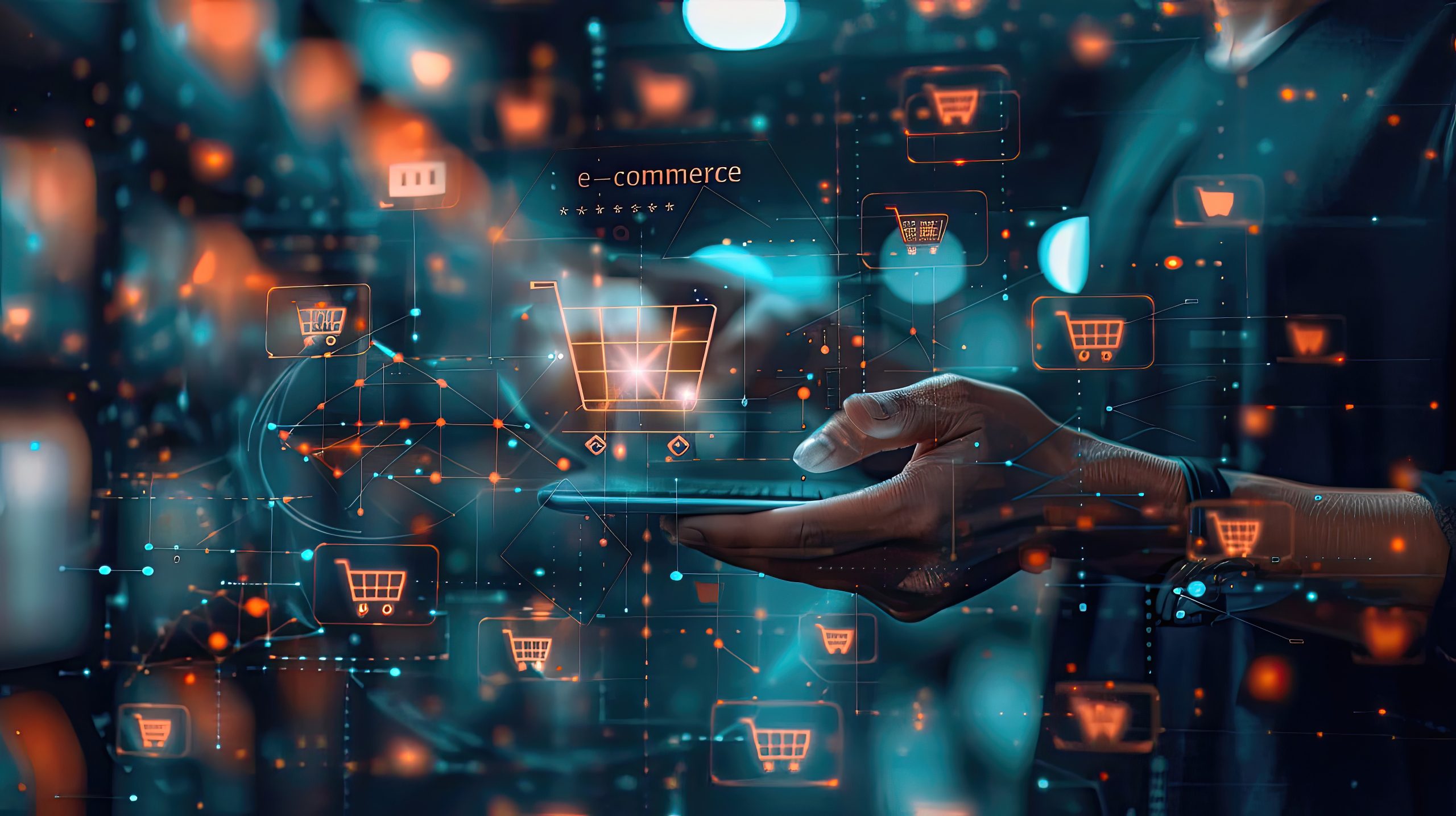 Person using a digital tablet surrounded by abstract icons of shopping carts and data connections, representing global eCommerce and digital data systems.