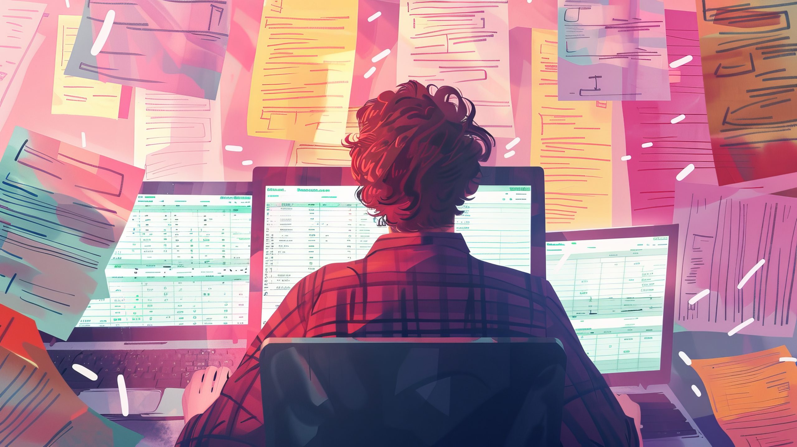 Person overwhelmed by messy spreadsheets and floating documents while trying to manage SaaS onboarding on multiple screens.