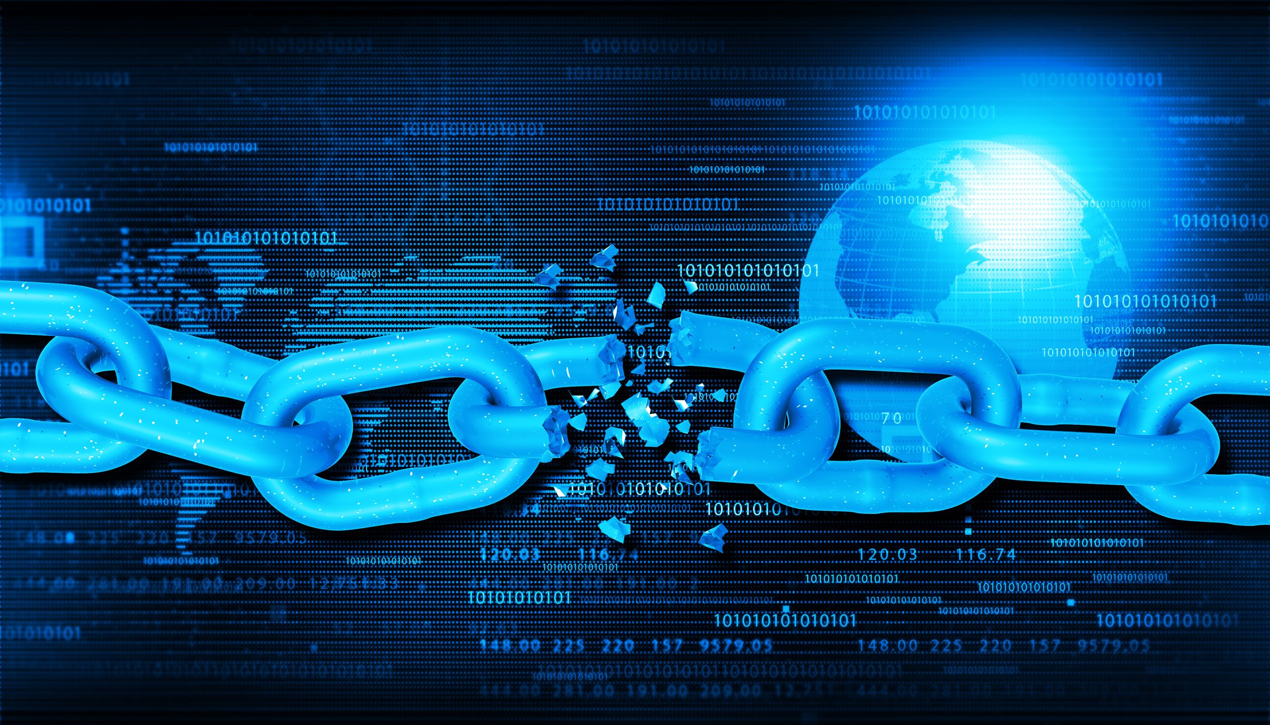Illustration of a broken digital chain link in front of a binary code background and a glowing Earth, representing a breakdown in global supply chain data integrity.