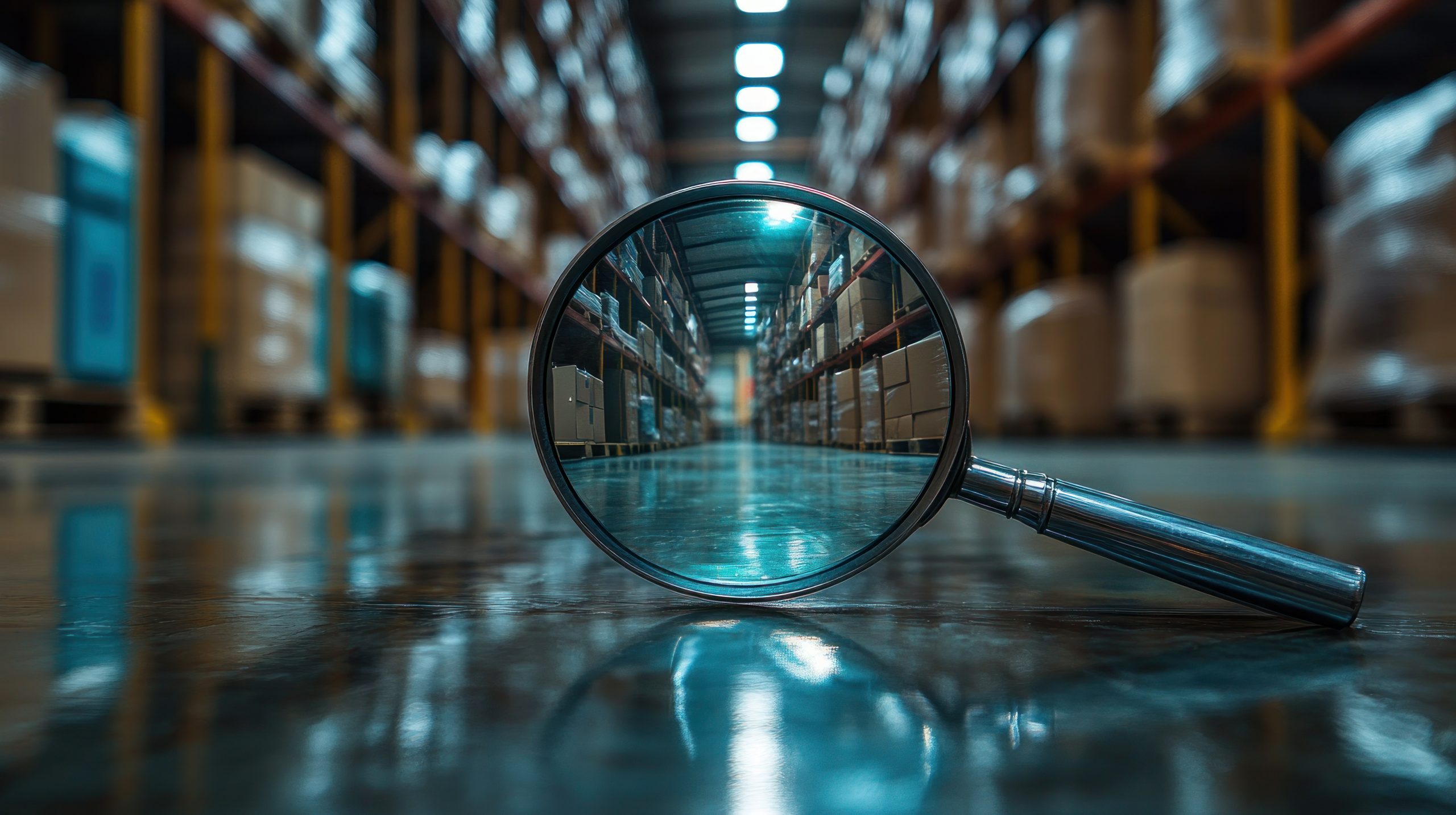 Magnifying glass focused on warehouse inventory shelves, symbolizing the need for accuracy and visibility in inventory data.