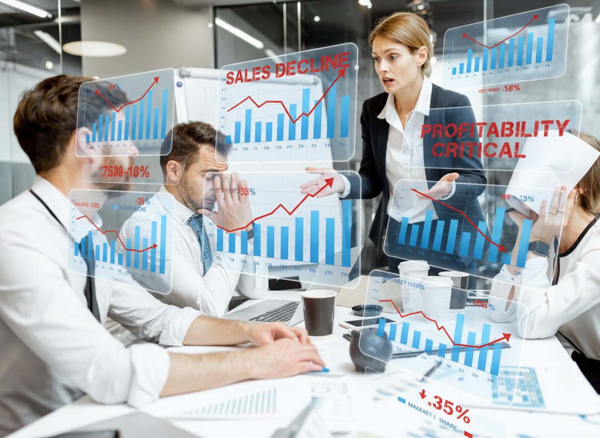 A stressed business team reviewing inaccurate sales dashboards showing declining revenue and conflicting data visualizations.