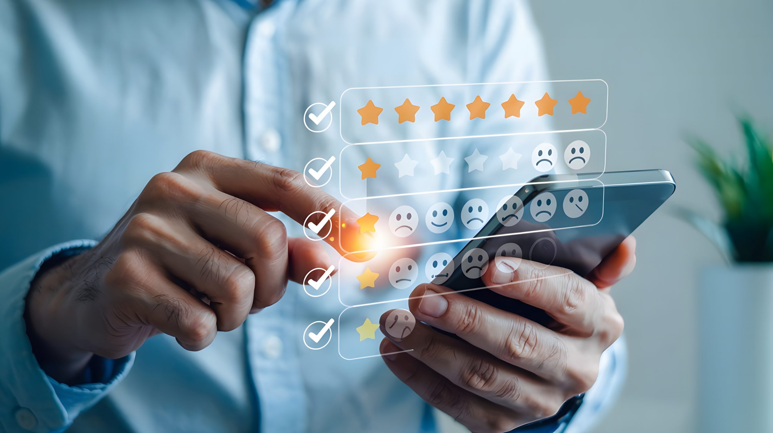 A person using a smartphone to rate a product, with digital star ratings and customer sentiment icons overlaying the screen.