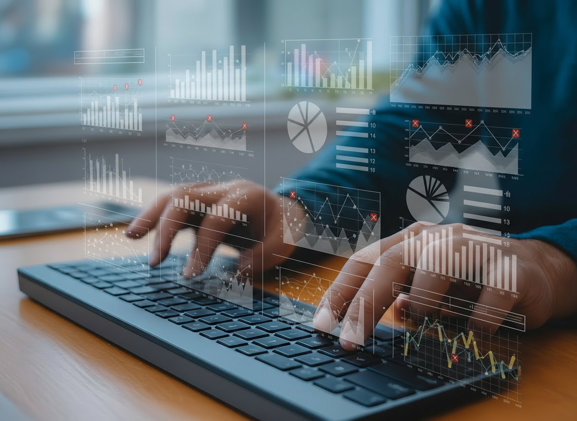 Hands typing on a keyboard with floating analytics dashboards showing inventory charts, metrics, and error indicators.