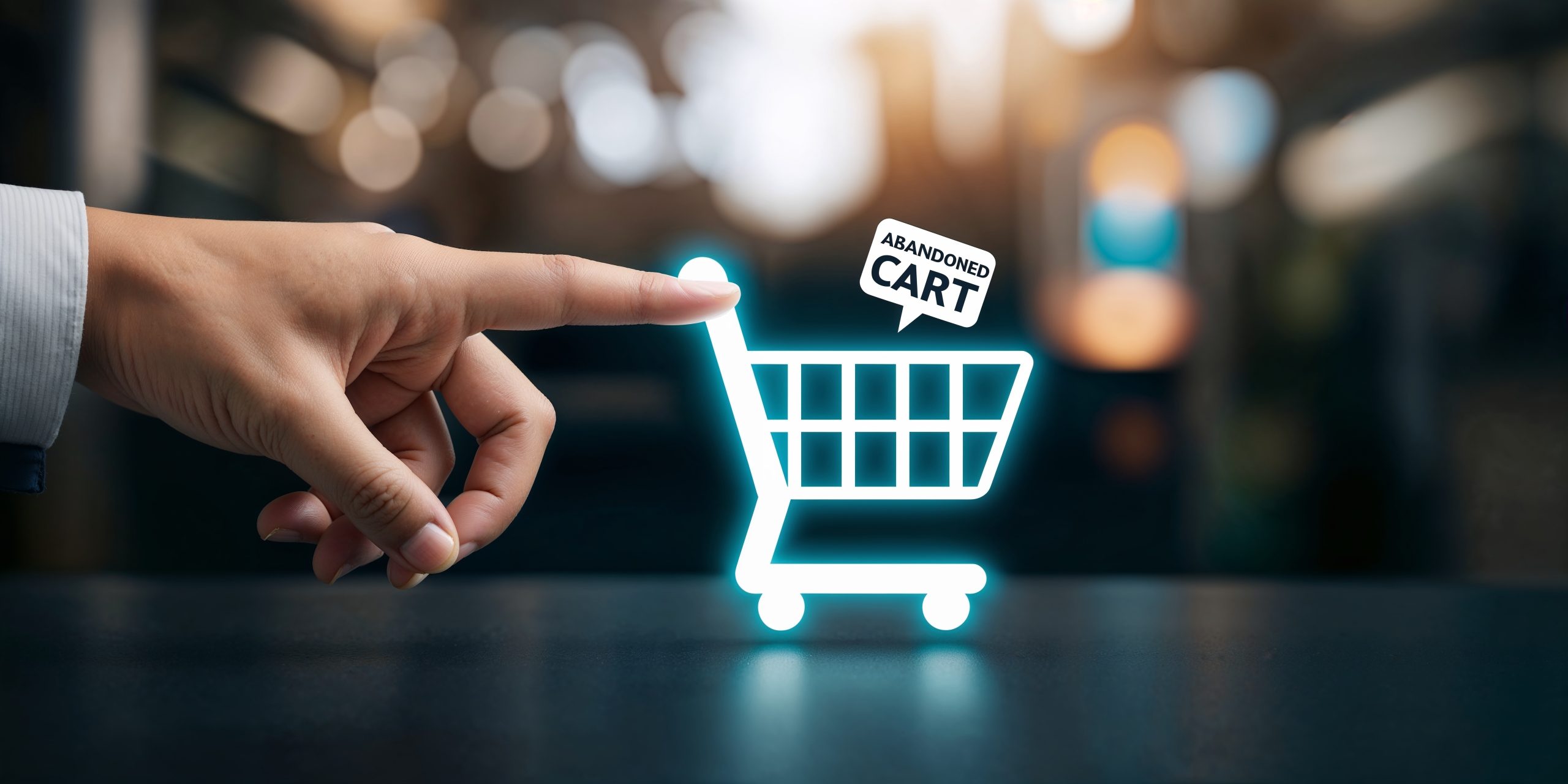 Hand reaching toward a glowing digital shopping cart icon labeled “Abandoned Cart."