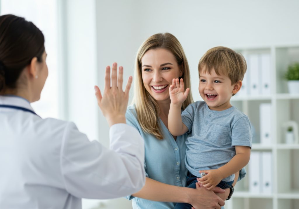 Doctor greeting a smiling mother and child during a clinic visit, representing trust, access, and reliable provider information.