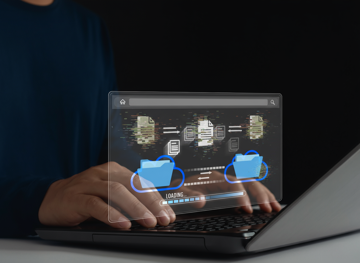 A person typing on a laptop with fragmented digital files transferring between folders, symbolizing broken data relationships and missing records.