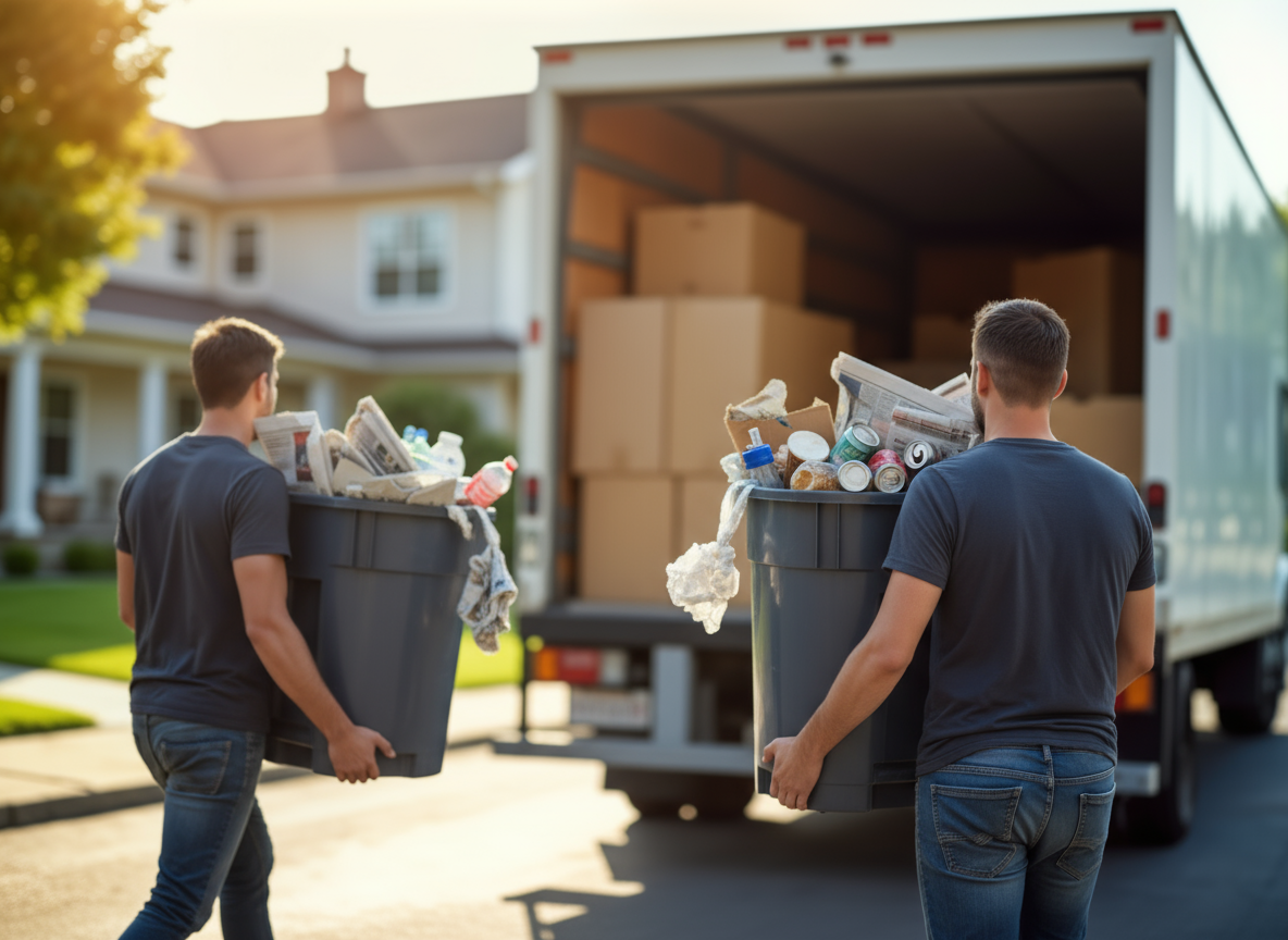 Two people carrying trash bins overflowing with clutter toward a moving truck, symbolizing transporting messy, disorganized data into a new system.