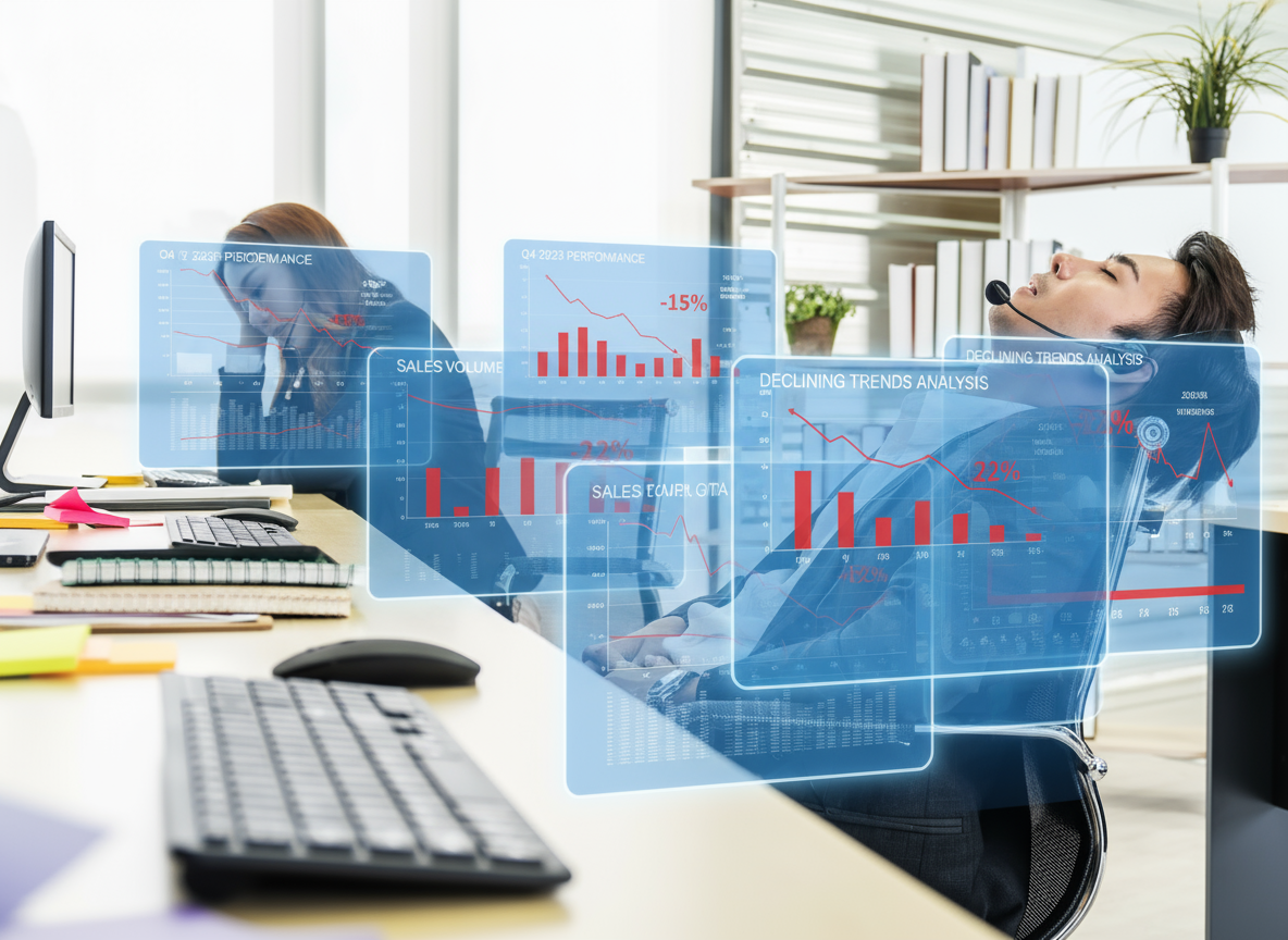 Office workers overwhelmed by screens displaying declining metrics, inaccurate reports, and conflicting dashboards.