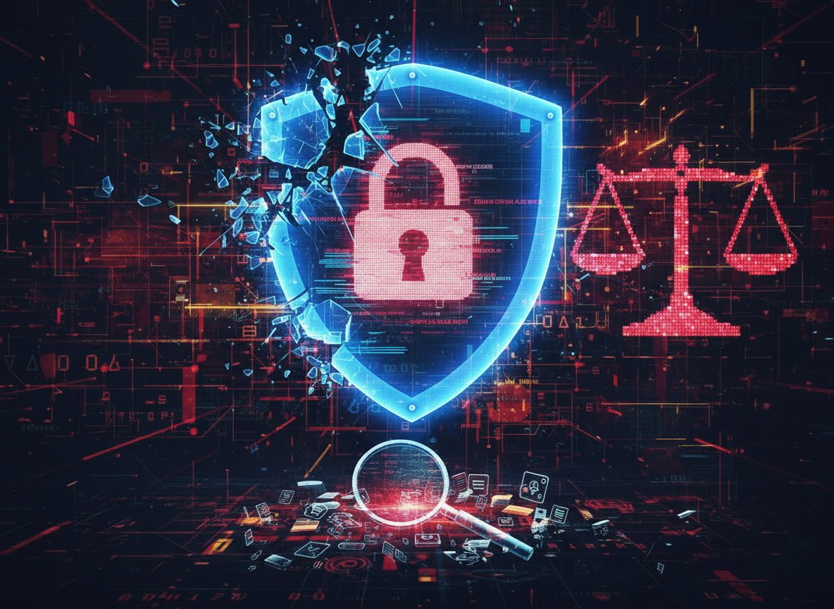 A digital security shield cracking with legal scales in the background, symbolizing regulatory, legal, and security exposure caused by poor data integrity.