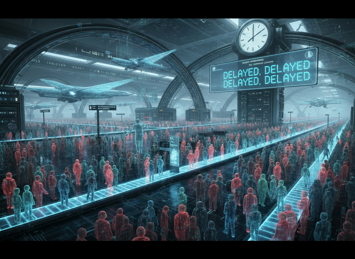 A futuristic digital terminal filled with crowded holographic figures standing still under a large display board repeating “DELAYED,” symbolizing stalled data migration and system congestion.