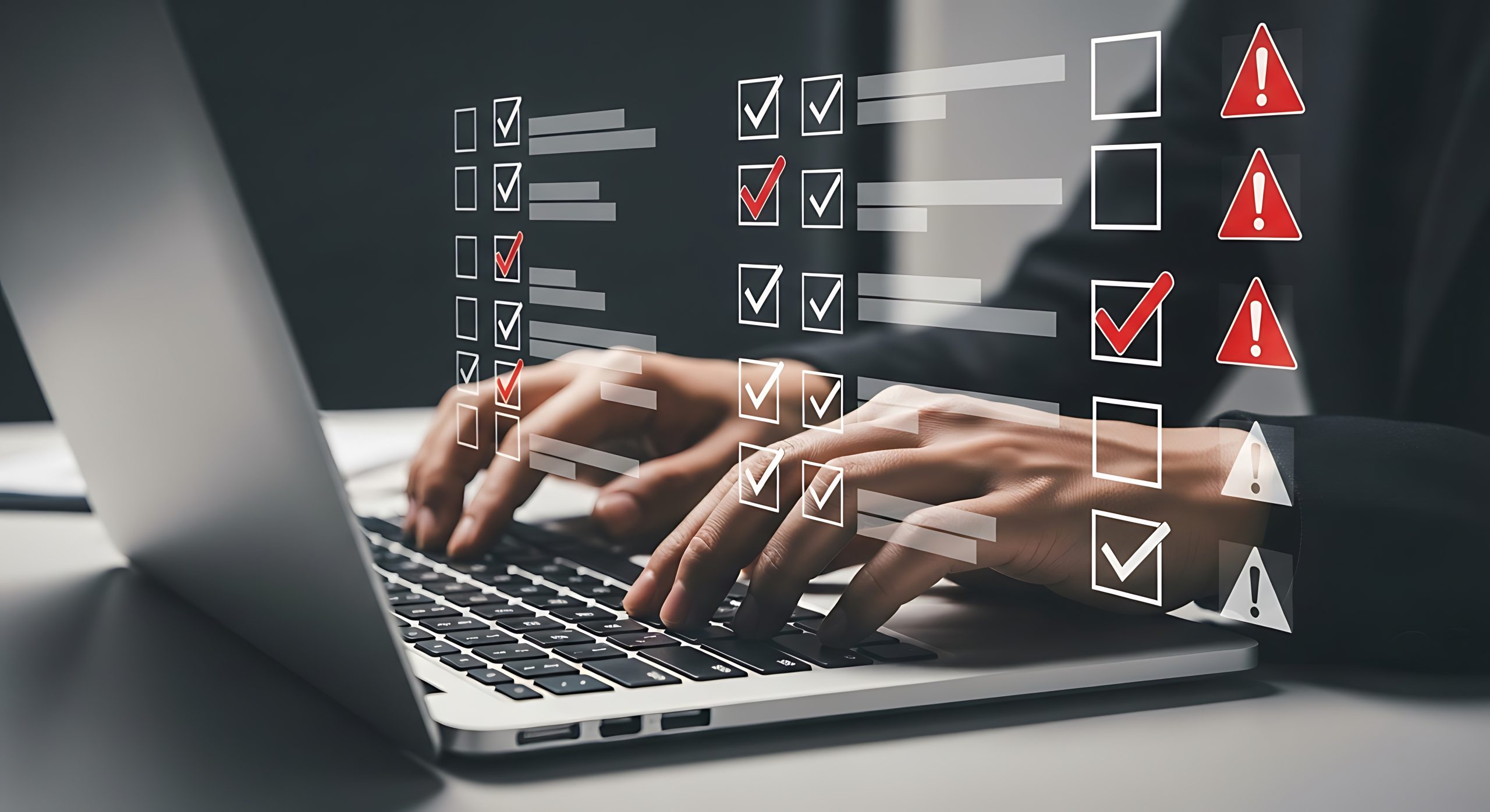 Hands typing on laptop with digital warning icons and compliance checklists highlighting data errors and risk alerts.