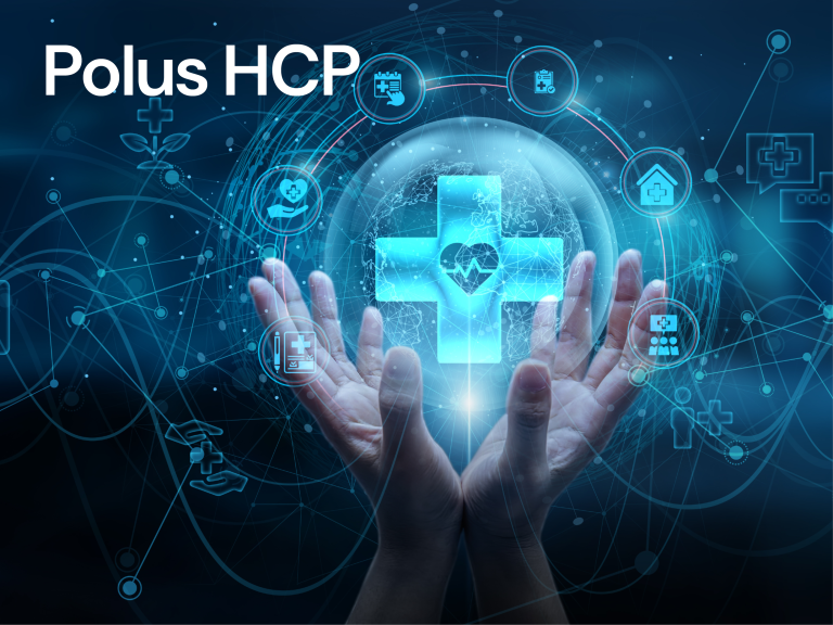 Hands holding a glowing medical cross surrounded by healthcare data icons, symbolizing Polus HCP by Datagence.