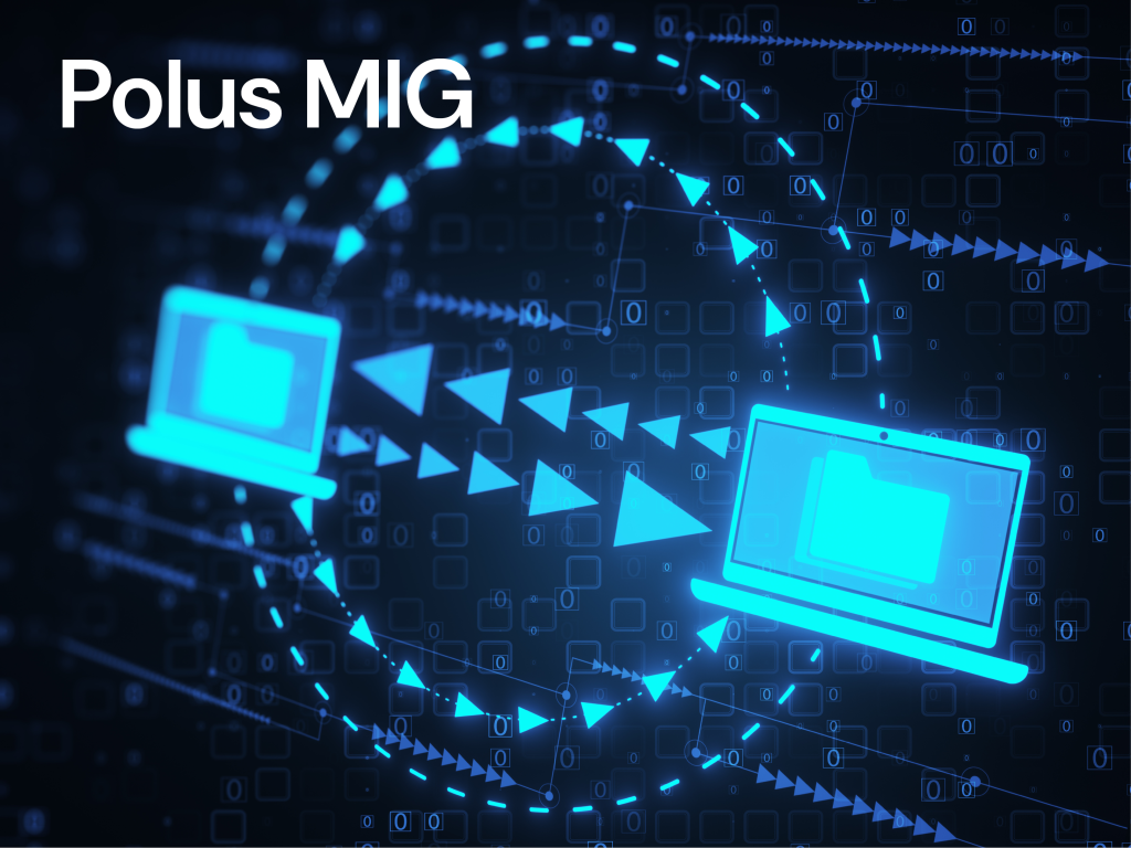 Illustration of two laptops exchanging digital files, representing Polus MIG automated data migration