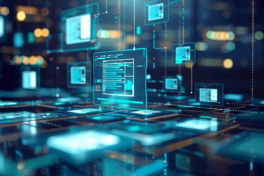 Futuristic digital interface visualizing automated data workflows and interconnected healthcare data systems, representing continuous provider data ingestion and verification.