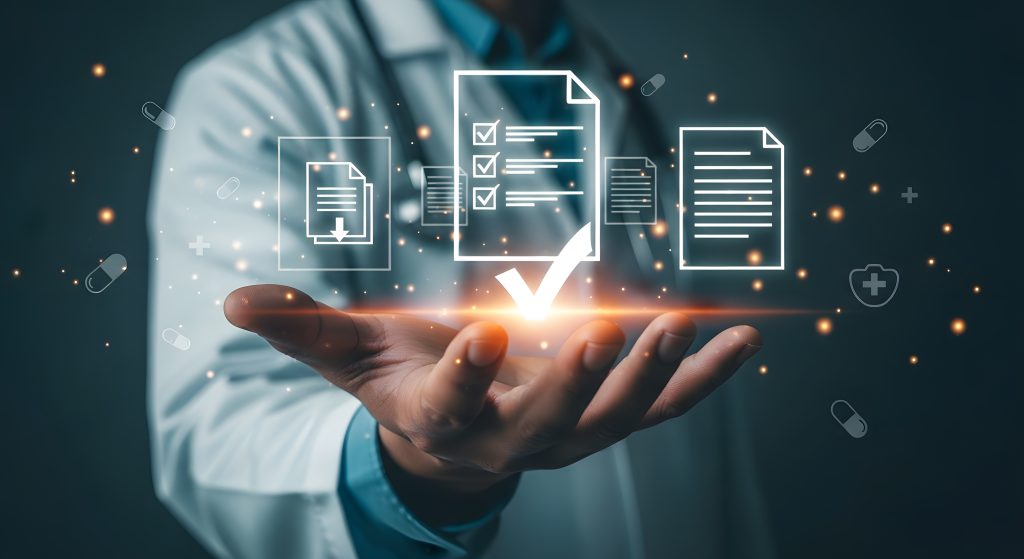 A healthcare professional holds digital icons of documents and checkmarks, symbolizing verified and compliant provider data. Represents how Polus HCP ensures accuracy to reduce claim denials and eliminate costly rework.