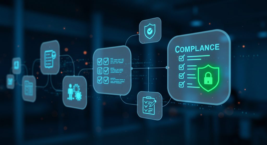 Digital interface displaying compliance checklists, security icons, and automated workflow symbols representing continuous verification and regulatory compliance in healthcare provider data.