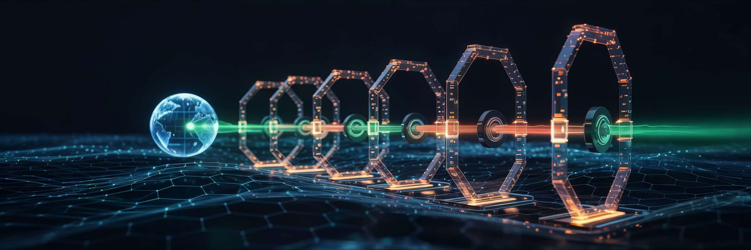 Digital chain of connected nodes transmitting data across a network, with a glowing globe at the start—illustrating continuous verification, data integrity, and real-time compliance workflows.