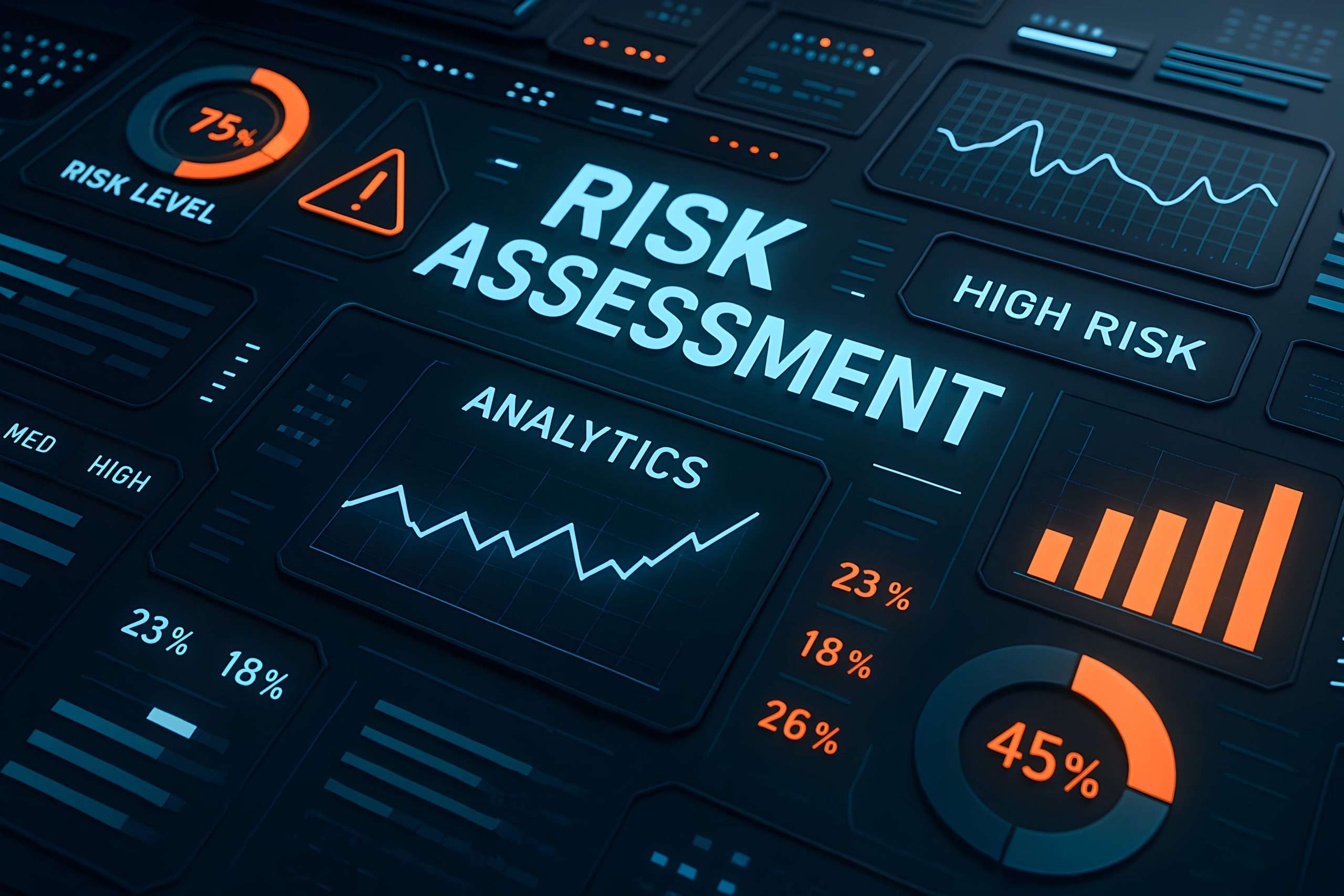 Digital risk assessment dashboard showing high risk indicators, analytics charts, and compliance metrics related to provider data accuracy.