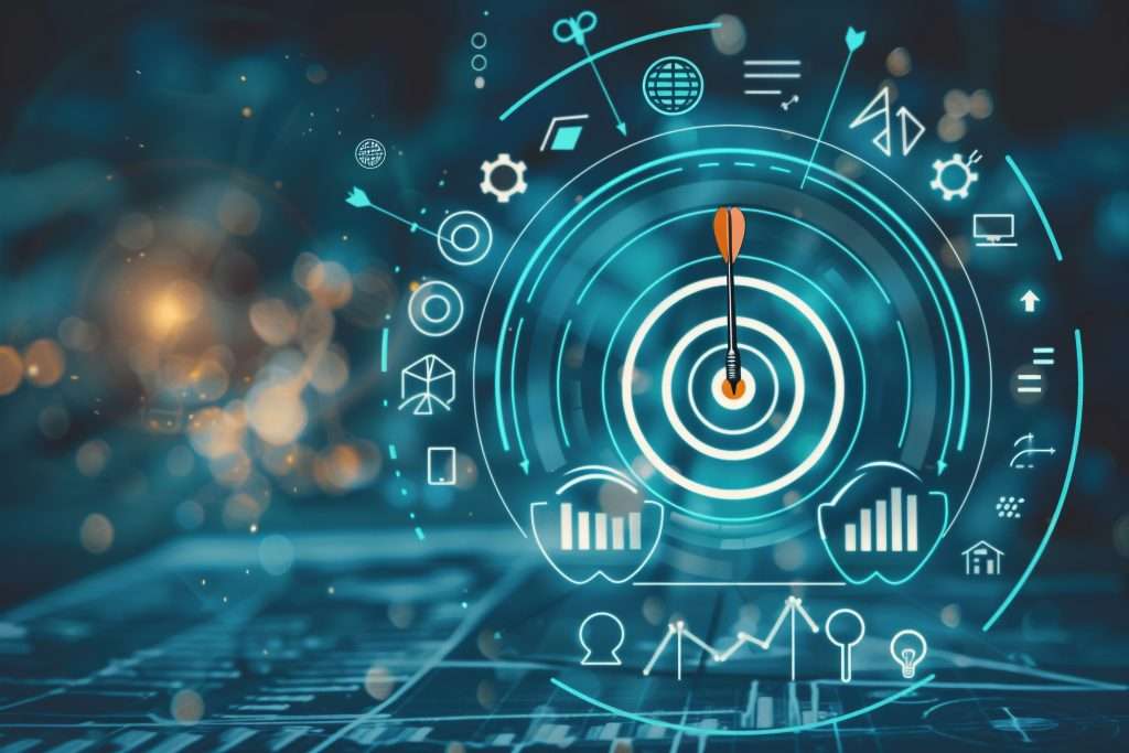 Digital target with a dart at the center surrounded by disconnected system icons, representing fragmented vendor stacks and lack of a unified source of truth in provider data.