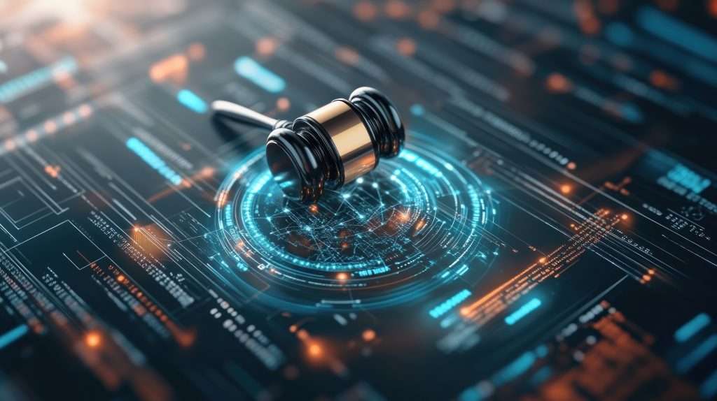 Judge’s gavel resting on a digital data interface, symbolizing legal enforcement and litigation related to provider directory inaccuracies and ghost networks.