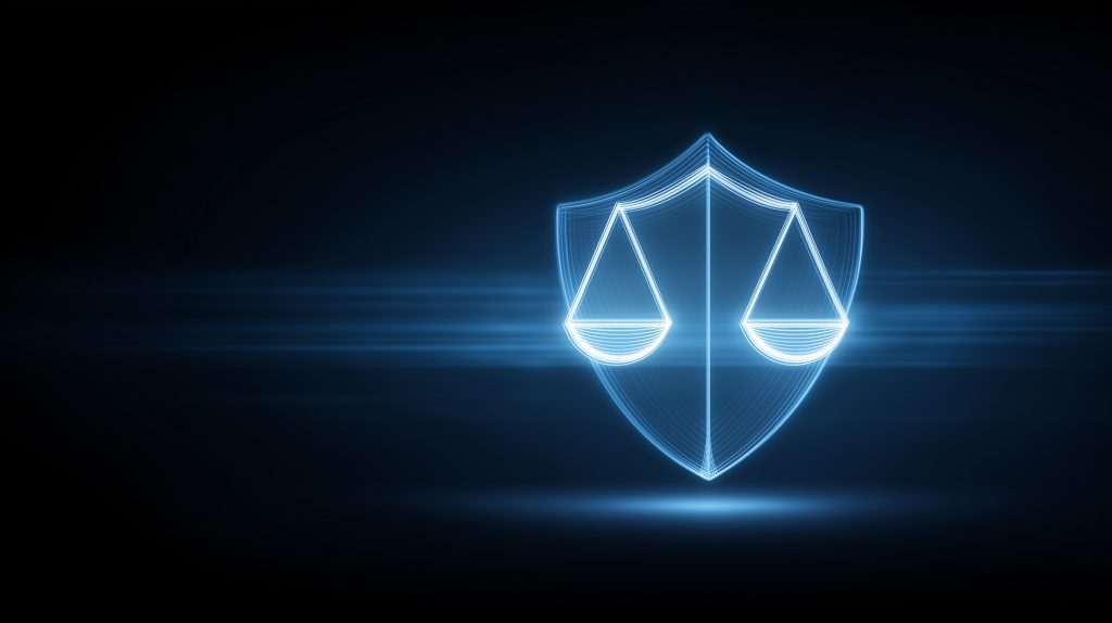 Digital shield and scales symbolizing regulatory oversight and reputational risk tied to publicly visible Medicare provider directories.