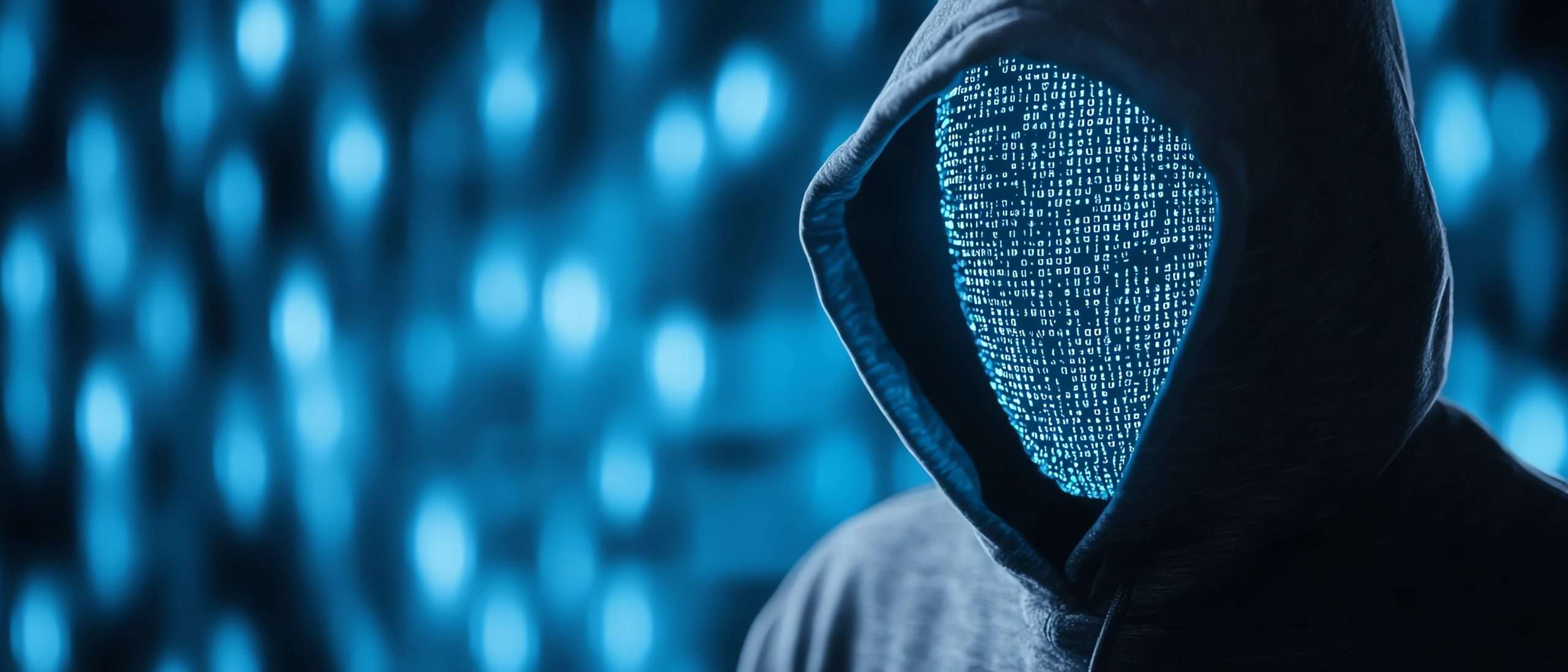 Hooded figure with binary code face against blue digital background, representing hidden provider data errors driving auto-adjudication failures in healthcare claims processing.