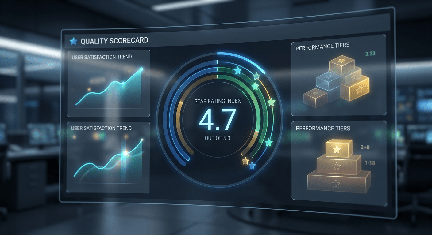 Holographic Medicare Advantage quality scorecard dashboard showing star rating index, satisfaction trends, and performance tiers, representing how provider data accuracy drives MA Stars ratings and quality bonus payments.