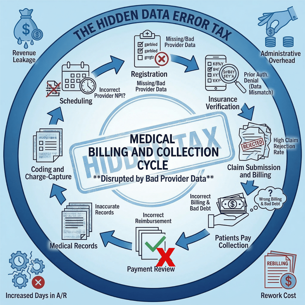 Visualization of healthcare revenue cycle impact showing how provider data errors lead to claim denials, manual processing, and increased administrative costs.