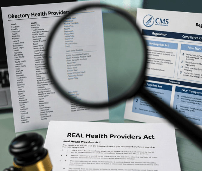 Magnifying glass over a printed provider directory next to CMS compliance documents and the REAL Health Providers Act, symbolizing increased regulatory scrutiny and 90-day verification requirements.