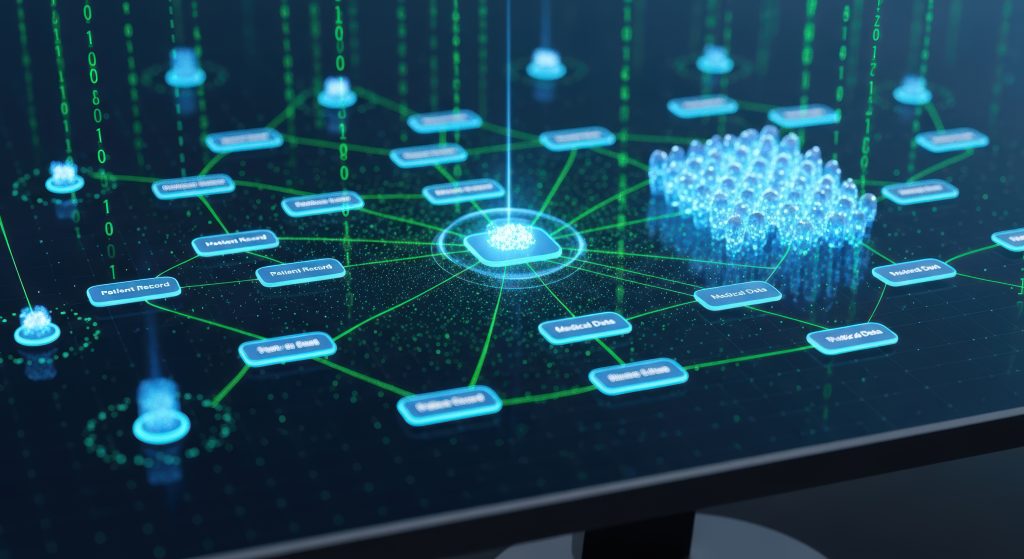 Digital data network with interconnected nodes representing public Medicare Advantage provider directory infrastructure under CMS-4208-F2.
