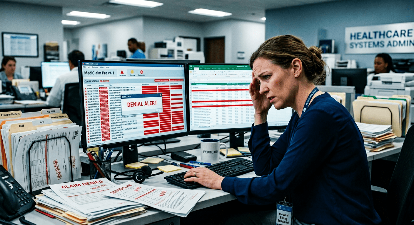 Medical billing specialist at desk with dual monitors showing denied claims and denial alerts, surrounded by rejected claim documents and provider rosters