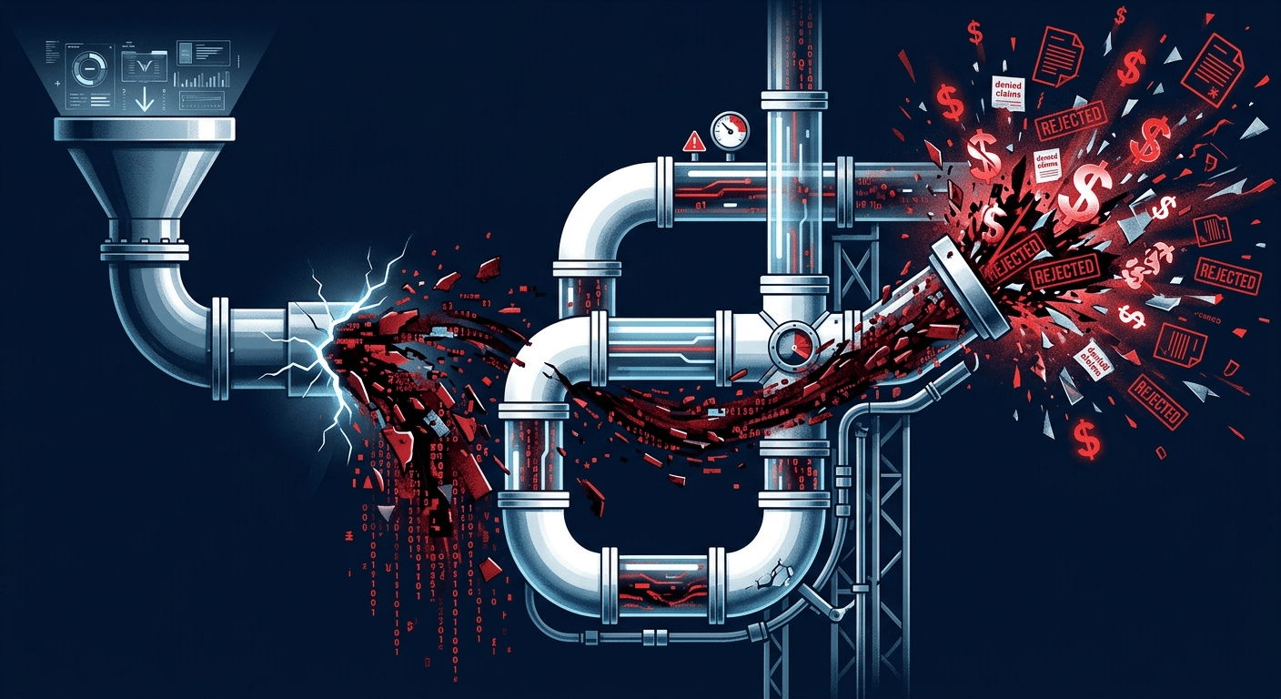 Conceptual illustration of a healthcare revenue cycle pipeline with a fracture point at entry, showing corrupted red data fragments flowing through interconnected pipes and exploding into rejected claims, denied claims stamps, and dollar sign losses at the output — representing how provider data errors compound through the billing workflow.
