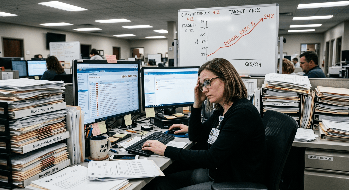 A healthcare billing specialist sits at a cluttered desk surrounded by stacks of rejected claims and denied claims files, working at dual monitors showing a 22.4% denial rate, with a whiteboard behind her displaying a rising denial rate chart reaching 24% in Q3/Q4.