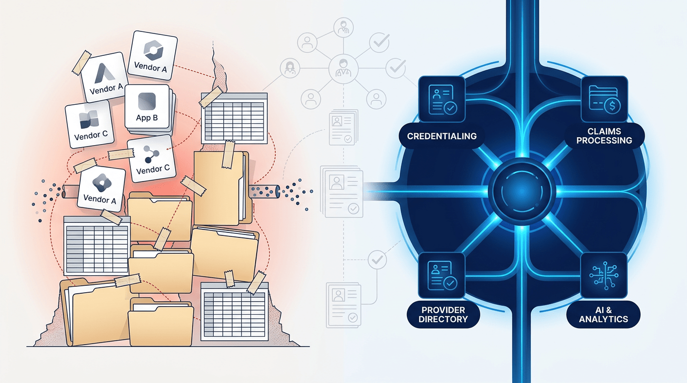 Split illustration contrasting a chaotic pile of vendor apps, spreadsheets, and paper files on the left with a unified, AI-powered provider data hub connecting credentialing, claims processing, provider directory, and analytics on the right.