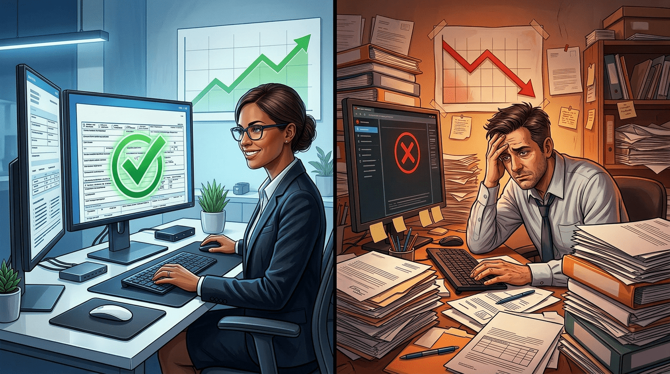 Split illustration contrasting a confident billing specialist with a green checkmark on a clean claim form on the left, and an overwhelmed administrator surrounded by paper denials and a downward red graph on the right, representing the financial and operational impact of denied claims on billing organizations.