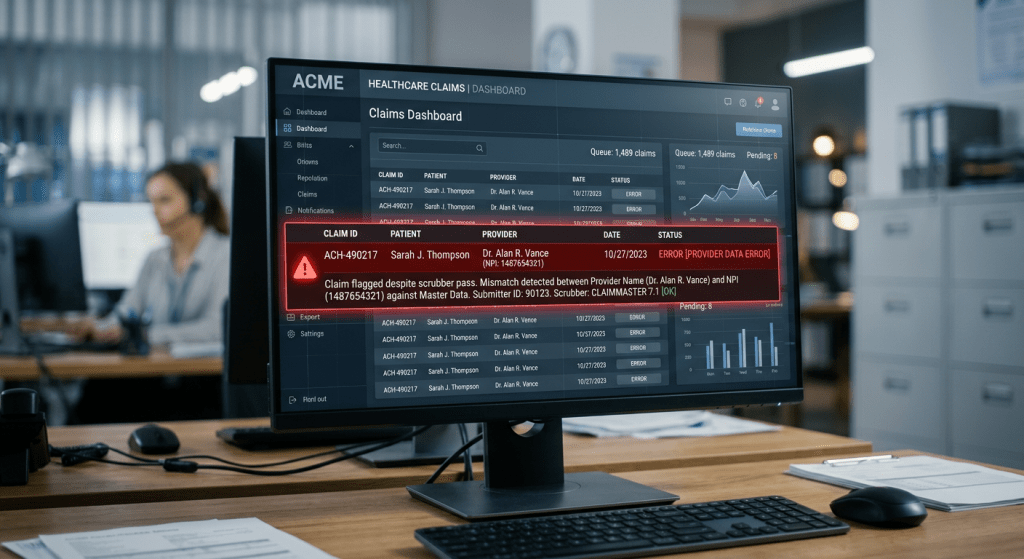 Healthcare claims dashboard on a computer monitor showing a claim flagged with a provider data error alert, with a billing professional working in the background