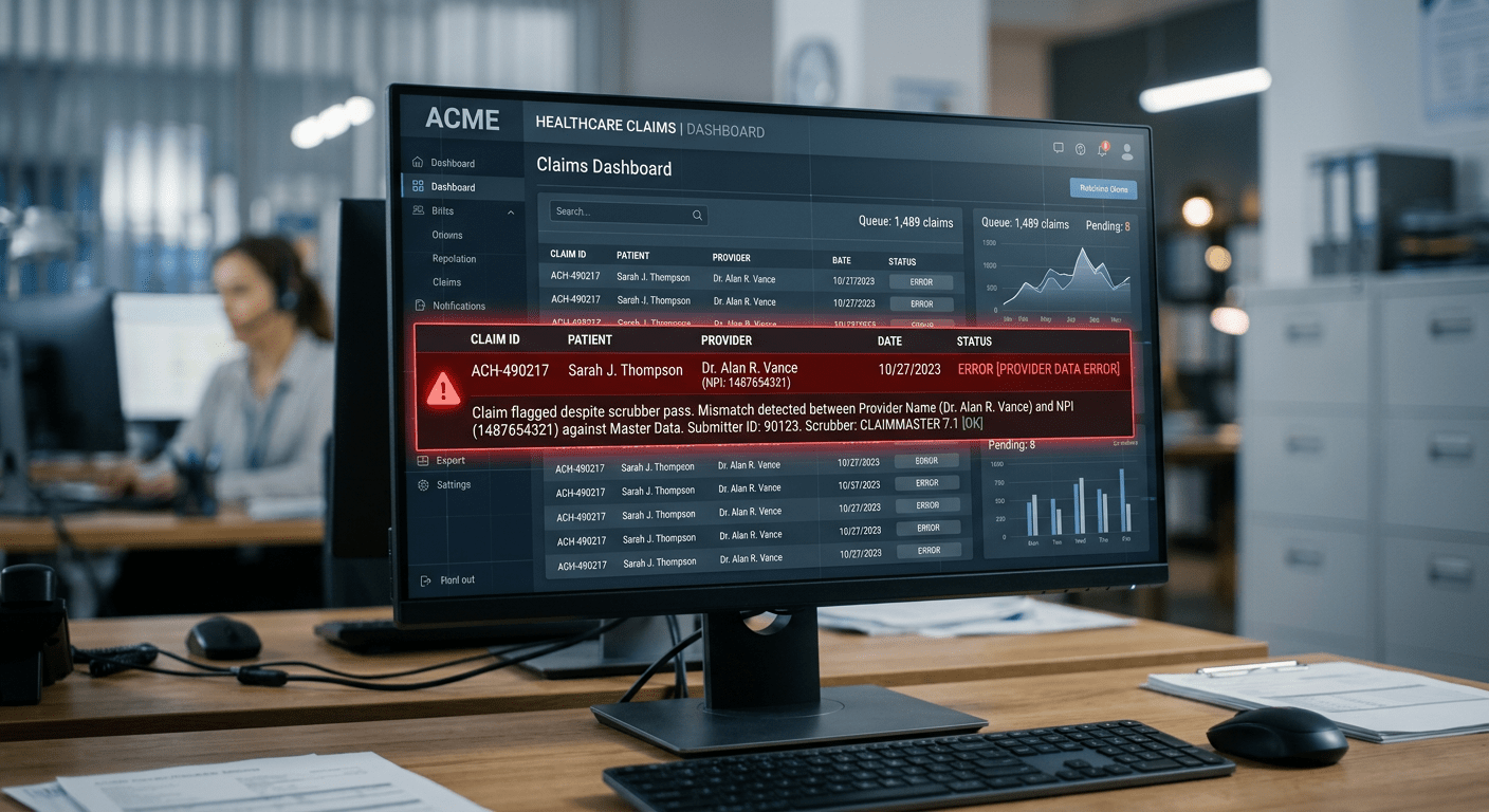 Healthcare claims dashboard on a computer monitor showing a claim flagged with a provider data error alert, with a billing professional working in the background