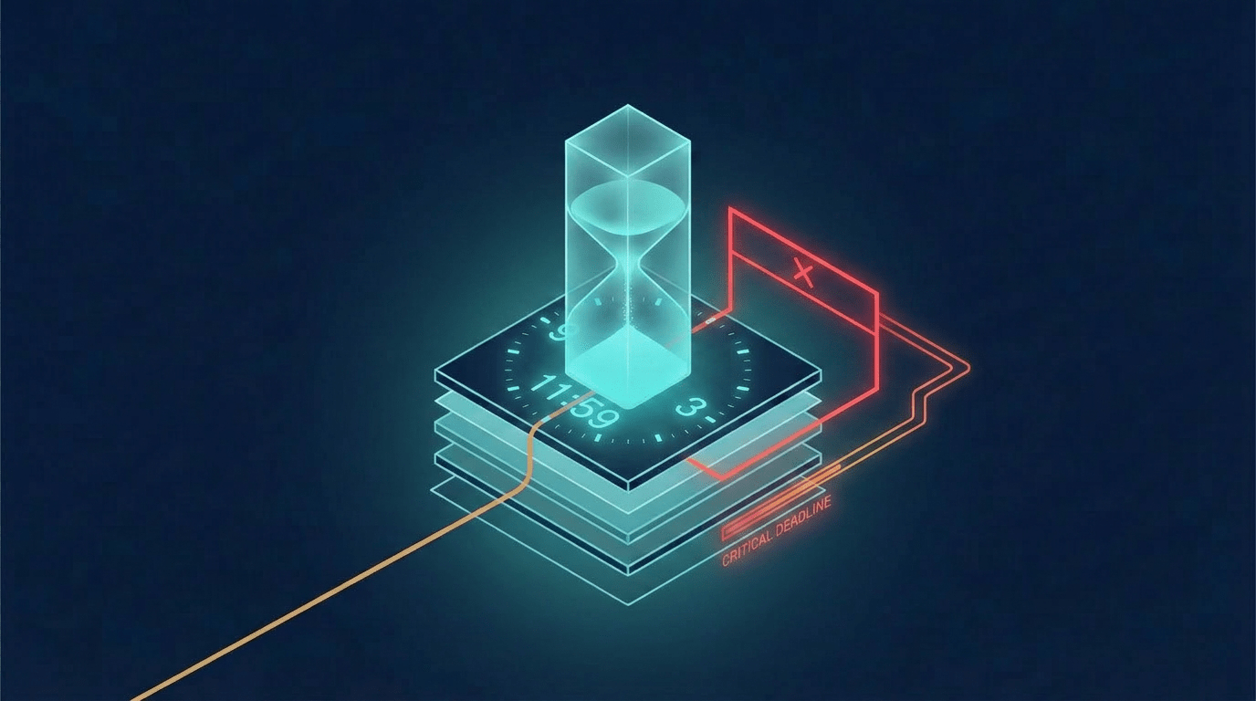 Isometric illustration on a deep navy background. A translucent glowing cyan hourglass sits atop a layered cyan foundational structure, with sand partway through its fall. A clock face is integrated into the top layer of the foundation, showing the time 11:59. To the right of the hourglass, a red warning element labeled "CRITICAL DEADLINE" with an X mark signals time pressure. A warm amber thread emerges from the underside of the foundation and trails down and to the lower left, representing the data provenance line running through the foundation.