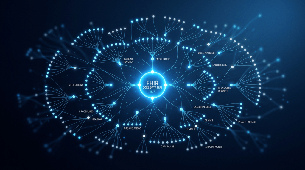Abstract blue network visualization showing a central FHIR Core Data Hub node connected by glowing lines to surrounding nodes labeled patient records, encounters, observations, lab results, diagnostic reports, medications, procedures, imaging, organizations, devices, claims, practitioners, care plans, and appointments.