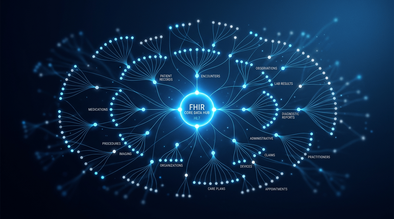 Abstract blue network visualization showing a central FHIR Core Data Hub node connected by glowing lines to surrounding nodes labeled patient records, encounters, observations, lab results, diagnostic reports, medications, procedures, imaging, organizations, devices, claims, practitioners, care plans, and appointments.