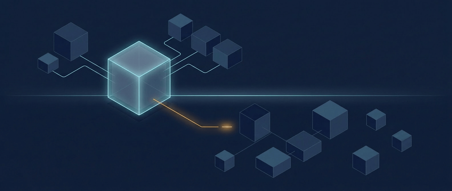 Isometric illustration on a deep navy background. A glowing cyan cube representing the federal National Provider Directory sits above a horizontal line of light, connected to a small cluster of satellite cubes. Below the line, a denser cluster of darker cubes represents plan-side data systems, with two cubes floating in isolation. An amber line crosses the dividing line from the federal cube and breaks off partway, representing reconciliation work that the federal scope does not cover.
