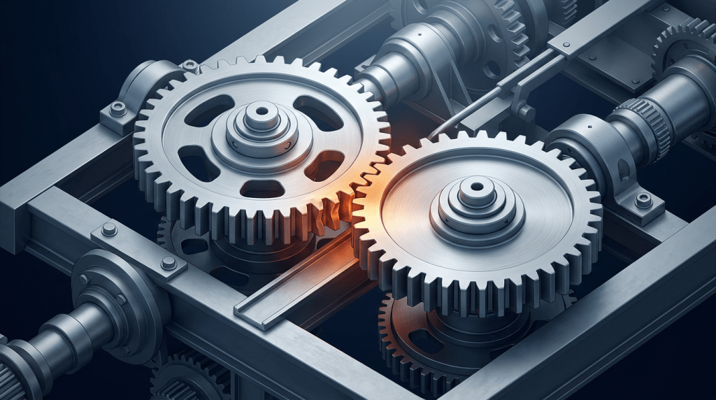 Isometric illustration of two industrial gears in brushed silver against a deep navy background, with a glowing amber stress point where the gear teeth meet, surrounded by additional mechanical framework
