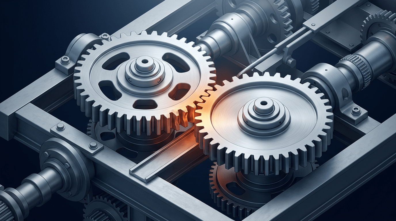 Isometric illustration of two industrial gears in brushed silver against a deep navy background, with a glowing amber stress point where the gear teeth meet, surrounded by additional mechanical framework