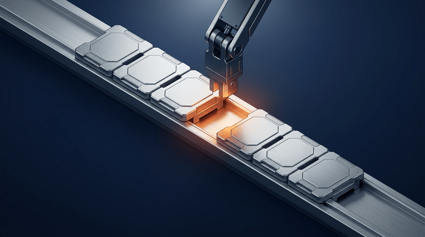 Isometric illustration of a brushed silver mounting rail holding a row of identical credentialing modules, with one position in the middle of the sequence conspicuously empty and glowing amber, as a precision coupling arm descends from above toward the empty slot, set against a deep navy background