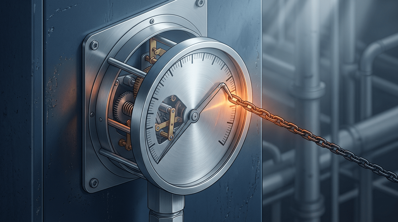 Isometric illustration of an industrial pressure gauge mounted to a steel panel, with its needle pulled into the high range by a glowing amber chain entering through the gauge face from offscreen, set against a deep navy background with industrial pipework in the distance