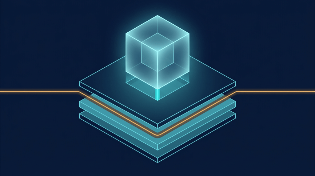 Isometric illustration on a deep navy background. A glowing cyan cube in the center, representing the federal National Provider Directory, rests on a wider horizontal foundational structure of four stacked layers in graduated cyan tones. A single horizontal line of warm amber light threads through the middle of the layered structure and extends to both edges of the composition, representing a continuous provenance and evidence log running through the data infrastructure beneath the federal directory.